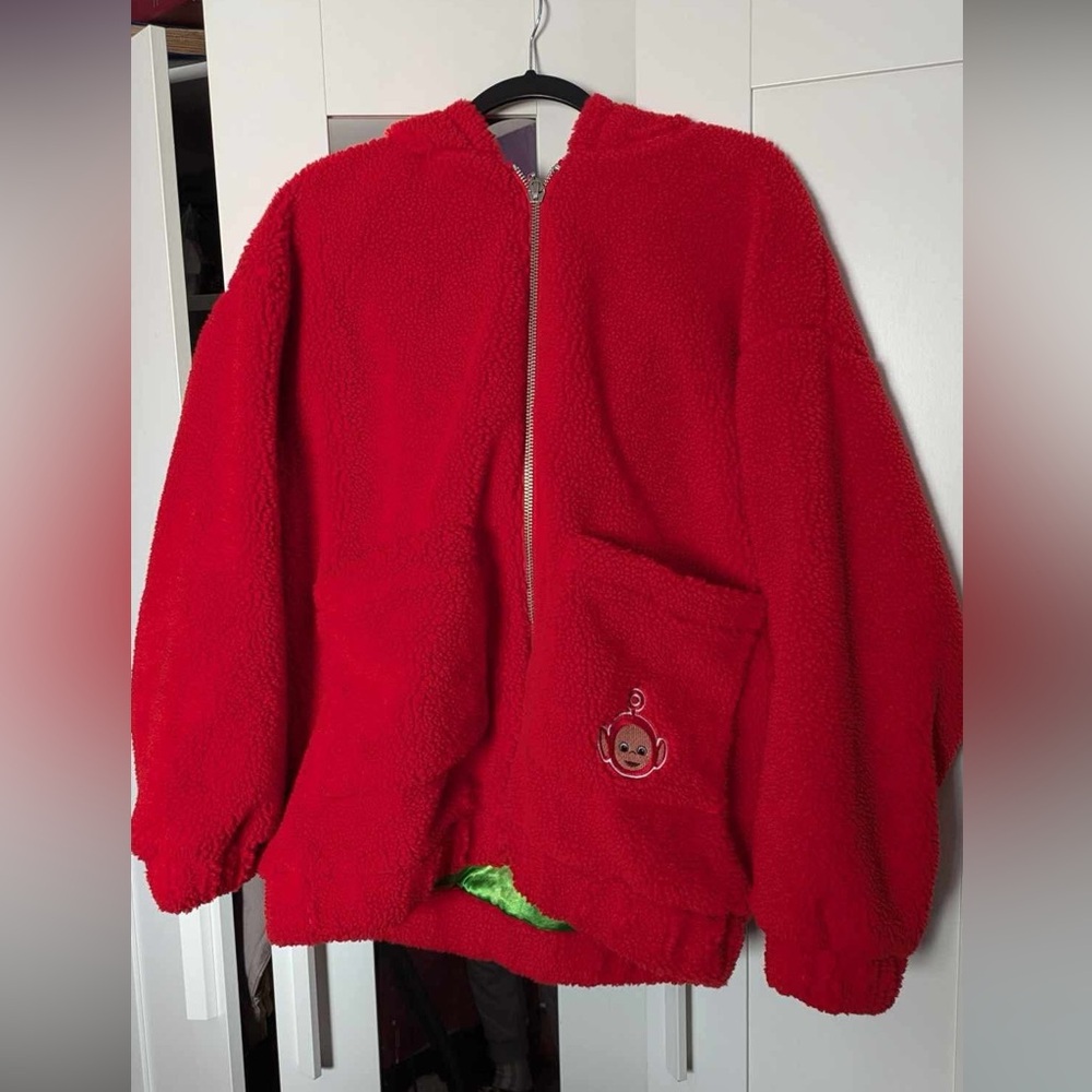 Red Fleece Jacket with Embroidered Detail